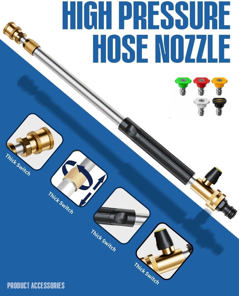 Hamirah Jet Nozzle High Pressure Hose Nozzle, 2025 Upgraded Adjustable Hydro Nozzle Wands 18-33 inch, Garden Water Hose Sprayer with 5 Tips and Hose Quick Connectors for Garden, Floor and Car Washing - Image 5
